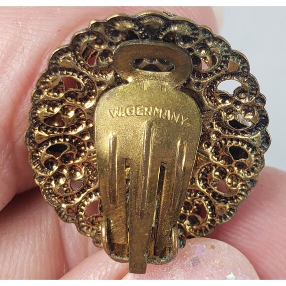 Vtg West Germany Aurora Borealis Amber Topaz Rhinestone Faux Pearl Brooch Set - Picture 12 of 16